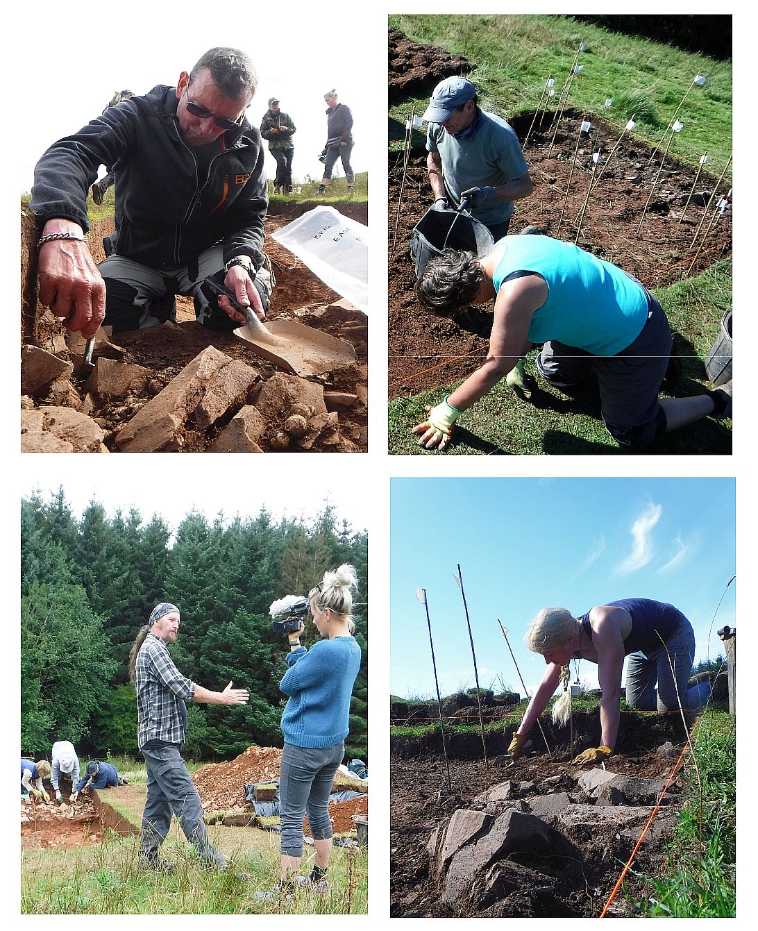 Detectorist Don Reid (Top Left) and Archaeologists in hoard trench - note flags placed through our detecting to mark the hoard in the trench Montage SML